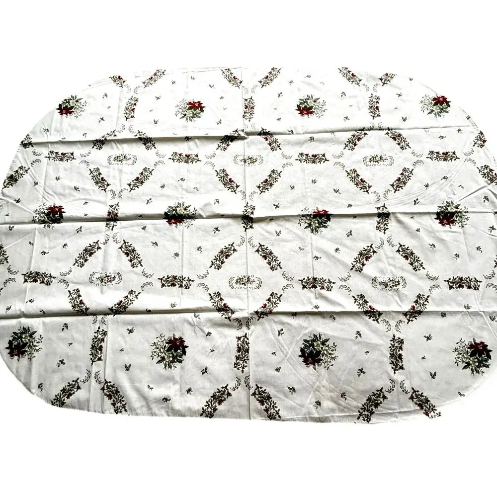 Vintage Christmas Holiday tablecloth red & green on BEIGE poinsettias & holly